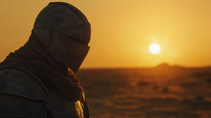 A knight looks out across a barren desert at sunset, his face half-shrouded in shadow as he contemplates the long road ahead.