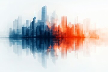 Obraz premium A simplified graphic of an urban skyline reflected in a river, drawn in pastel tones and clean lines on a white background