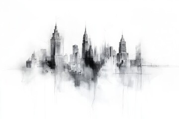 Fototapeta premium A sleek line drawing of the Montevideo skyline, featuring iconic landmarks like Palacio Salvo, in monochrome tones on a plain white canvas