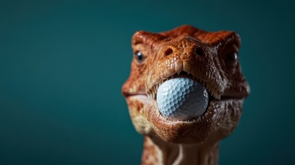 Obraz premium A T-Rex holding a golf ball in its mouth, captured from the front in a bright, engaging atmosphere that blends imagination with dinosaur humor and sport.