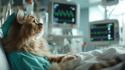 A cat dressed as a surgeon situated in a hospital environment, embodying a playful and whimsical take on medical themes with a touch of humor.