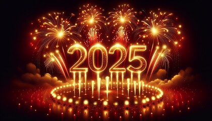 A vibrant celebration of the year 2025 with golden fireworks illuminating the night sky. The large, glowing numbers "2025" are surrounded by a spectacular display of pyrotechnics, creating a festive
