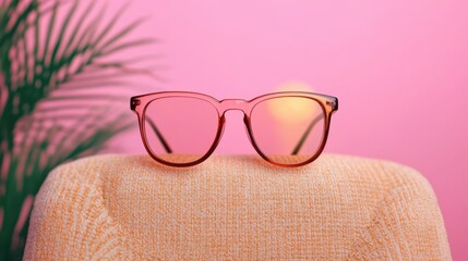 Concepts of Mental Health and Digital Wellbeing. Stylish pink sunglasses on a textured surface with a vibrant pink background and a touch of greenery.