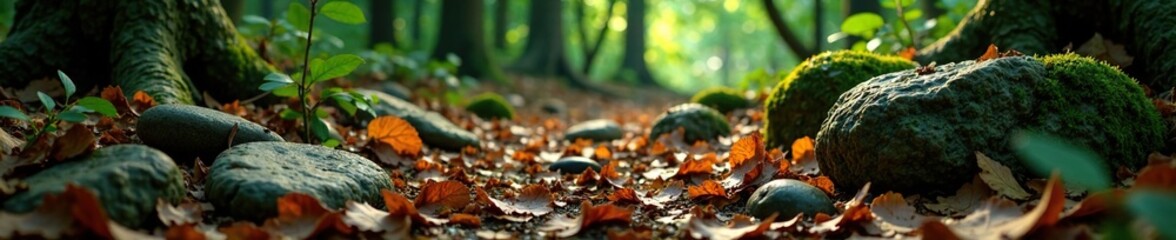 Forest floor covered with large stones and leaves, decay, leaf