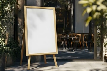 A blank white A2 poster mockup on an easel outside the entrance to a cafe, with a wooden frame, shadows, and sunlight, in an ultra-realistic style