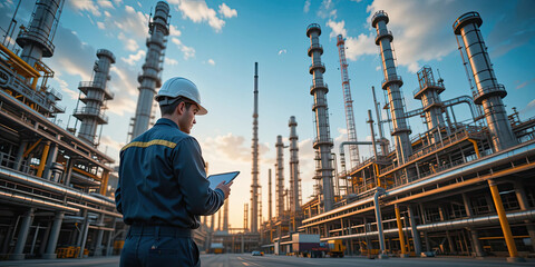 Back view of an engineer inspecting the industrial pipeline oil and gas on site