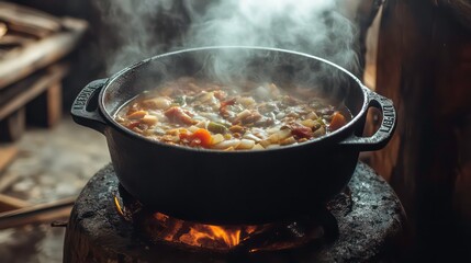 Fototapeta premium Savor the Flavor: Rustic Cast Iron Pot Stew Bathed in Natural Light, Ideal for Comfort Food Lovers