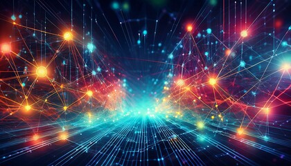 Naklejka premium Artificial intelligence digital network with interconnected nodes and lines graphic technology background