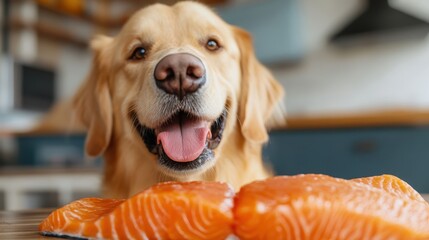 A joyful golden retriever sits eagerly in front of freshly prepared salmon, epitomizing the affection shared between pets and their beloved meals in a cozy environment.