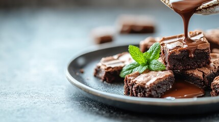 A decadent array of brownies drizzled with rich chocolate sauce, garnished with fresh mint, enticing viewers with the irresistible appeal of delicious desserts.
