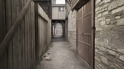 Narrow medieval alleyway with wooden fences, stone walls, and a wooden door.