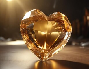 In the heart of the golden light, a delicate crystal shines like a beacon, delicate crystal, inner light, warm essence