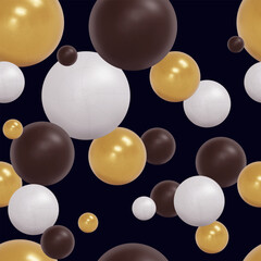 Seamless pattern 3d balls vibrant gold, black and white gradient random soft balls background. Golden, white, black balls in different sizes. Vector seamless pattern background.