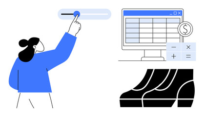 Woman adjusting slider on a screen, computer monitor displaying a spreadsheet with financial data, calculation icons, dollar symbol, and analytical charts. Ideal for finance, budgeting, data