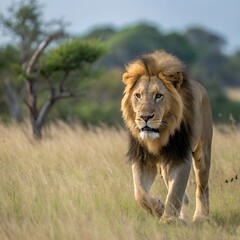 Obraz premium Majestic lion walking gracefully across a meadow