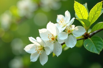 Fototapeta premium Delicate white blooms on Philadelphus branches, delicate petals, flowering shrubs, yellow green leaves