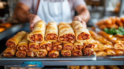 A mouthwatering display of savory rolls filled with tantalizing ingredients, perfectly arranged on a tray, inviting viewers to indulge in gourmet flavors and satisfaction.