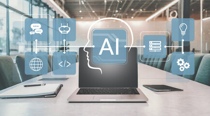 Meeting room with computer. AI applications on laptop. Artificial Intelligence technology training.