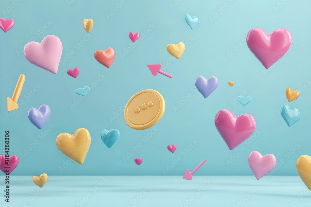 Leinwandbilder Floating 3D chat bubbles, colorful hearts, and playful arrows create a lively, dynamic visual display in a delightful setting. Generative AI