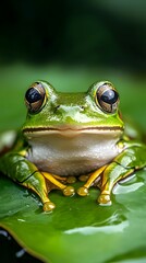 Vibrant frog posed on glossy green leaf.