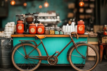 A vintage bicycle modified into a unique mobile coffee cart, parked in a bustling urban square