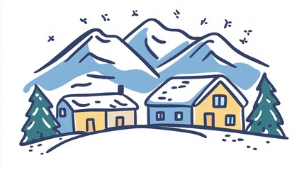 雪の積もった山脈が見える三角屋根の集落が描かれたシンプルなイラスト