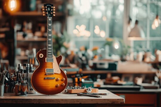 A vintage guitar being upgraded with new pickups, polished frets, and advanced tuning pegs in a craftsman workshop