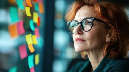 A reflective woman with red hair and glasses stares pensively into the distance, surrounded by an array of colorful sticky notes that represent her creative thought process.