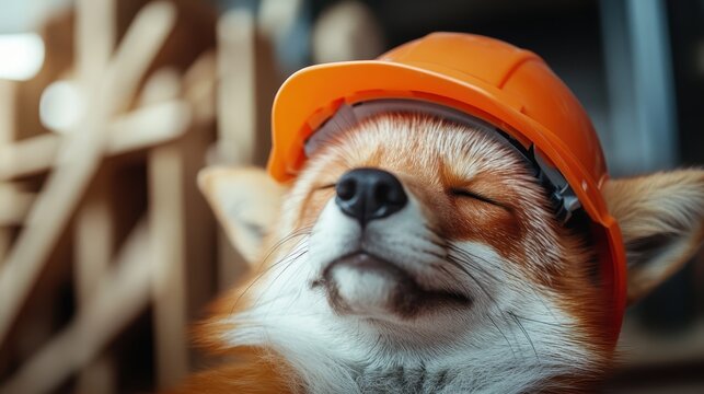 A charming fox resting with an orange construction helmet, showcasing a playful take on the concept of hard work and creativity in a whimsical, lighthearted manner.