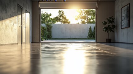 Fototapeta premium Bright Sunlight Streaming Through Open Garage Door at Sunset