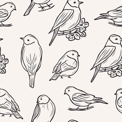 Hand drawn birds background. Whimsical illustration