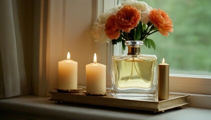 Elegant Crystal Perfume Bottle with Floral Arrangement by a Sunny Window. 1