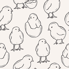 Hand drawn chicks seamless pattern. Whimsical illustration