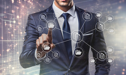 Businessman touch a dashboard to sharing documents in data cloud. Futuristic technology background.