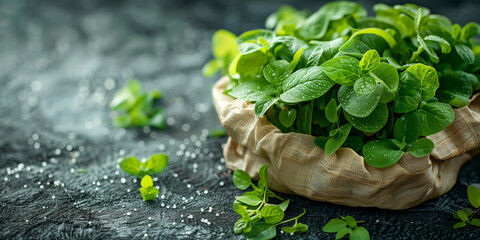 Fresh green herbs in a basket with raindrops on leaves