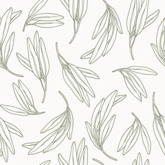 Fototapeta premium Line art sage branches seamless pattern