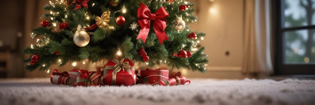 A beautifully decorated Christmas tree with tinsel and a bow on top, festive lights, xms tree