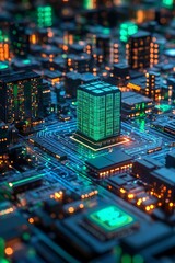 Abstract Technology Background, Digital Circuits, Glowing City with Blue And Green Design Elements