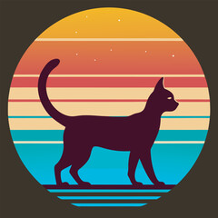 Cat Silhouette  Moon Retro Art Vector 