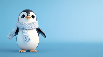 Obraz premium An adventurous 3d penguin sporting a cozy scarf stands on a frosty blue backdrop, all set for the winter ahead. Frostleaf. Illustration