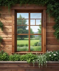 A wooden wall with a single window that looks out onto the garden, nature lover's delight, wooden wall, serene surroundings