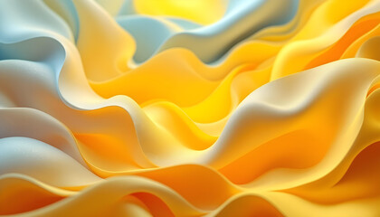 Obraz premium 3d render of yellow paper waves. Close-up abstract background. Abstract background with paper waves, modern wallpaper with yellow orange wavy folds. Fluid abstract design on orange gradient background