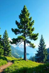 Blue sky and pine trees surround the single tall pine tree, green landscape, foliage