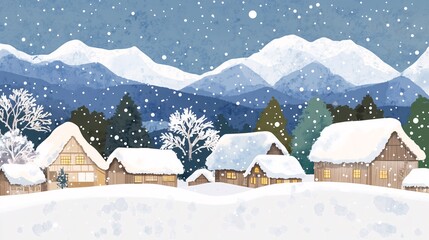 An illustration of a snowy village at night, featuring traditional thatched-roof houses with a backdrop of snow-covered mountains