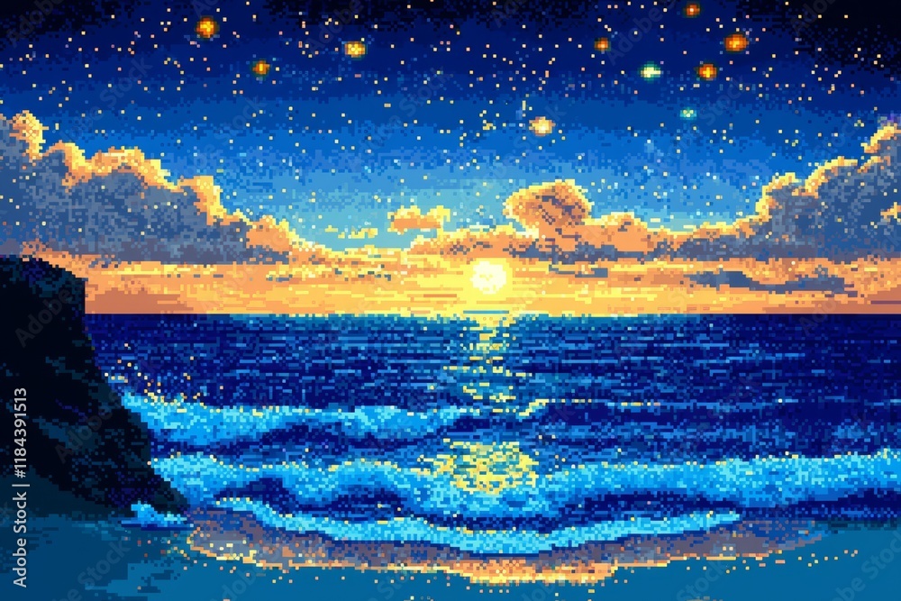 Wall mural retro-style 8-bit pixel art depicting a serene sea under a starlit sky.