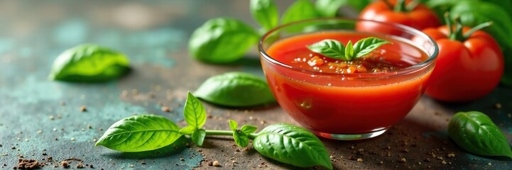 Basil leaves scattered around freshly squeezed tomato juice in a bowl, tomato, green