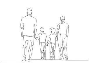 Continuous line drawing of family standing together back view. Single line illustration of happy family. Bonding, care, love concept. Editable outline