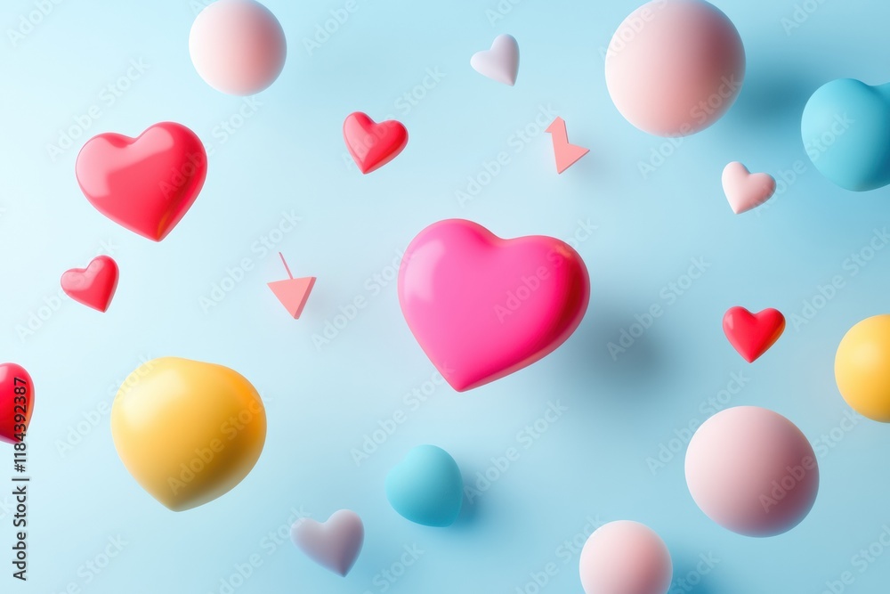 Aufkleber floating 3d chat bubbles and hearts in various shapes and colors against a soft blue background crea