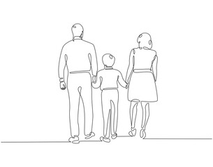 Continuous line drawing of family standing together back view. Single line illustration of happy family. Bonding, care, love concept. Editable outline
