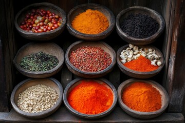 Fototapeta premium An exotic marketplace featuring unusual fruits and spices, displayed in vibrant, colorful arrangements